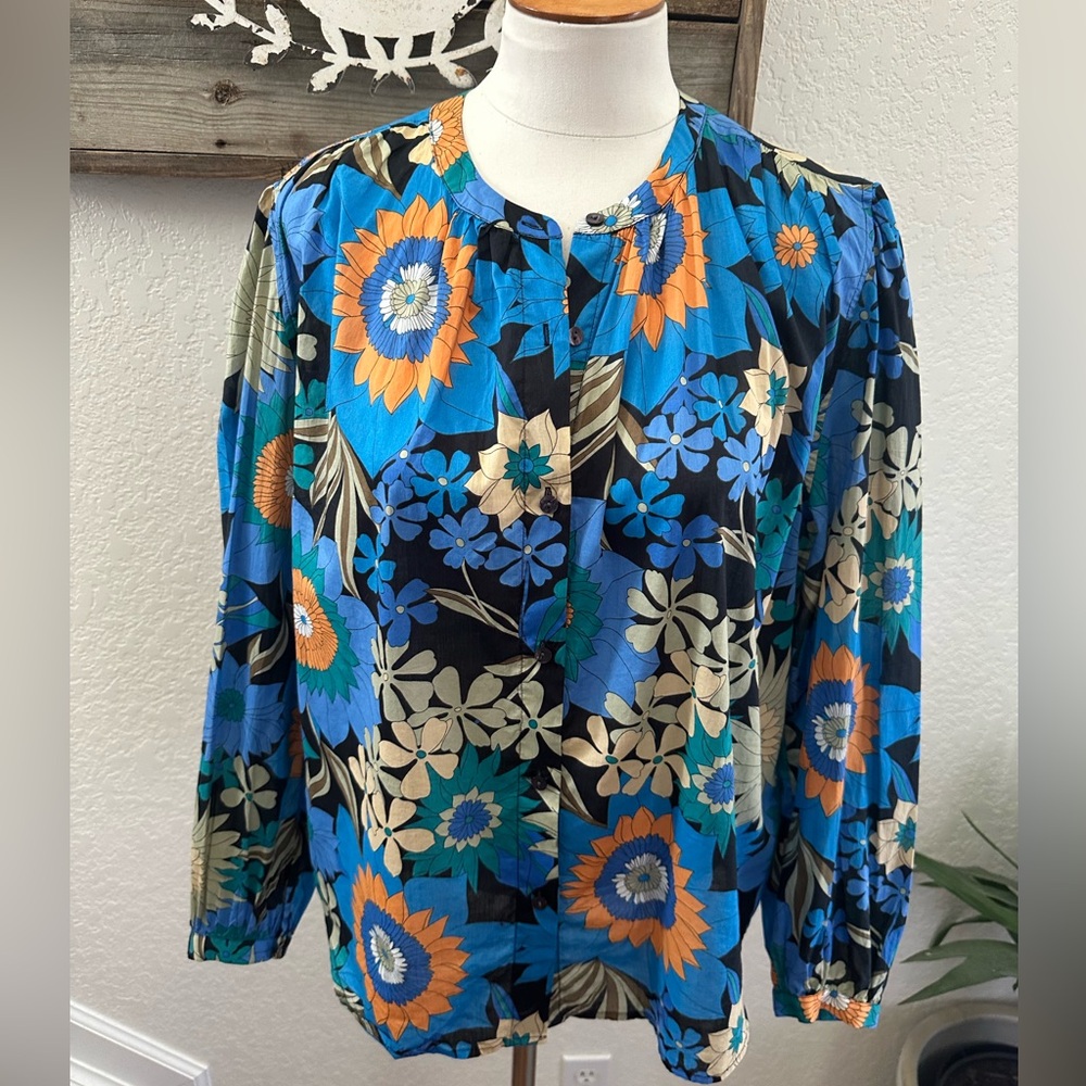 Rails Sonnet Azul Wildflower Blue and Orange Long Sleeve Button down Blouse M